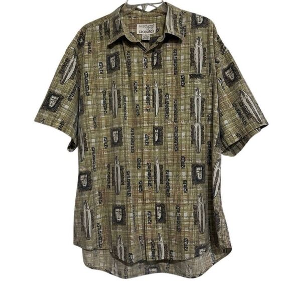 Vintage 90s Weathered Dye Crossings Button-up Shirt Men's XL Brown Green Tribal - Picture 2 of 13